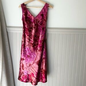 Y2K Faux Satin Charlotte Russe Pink and Red Floral Midi Dress Small Tie Back